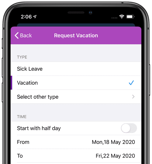 request leave in the timr ios app