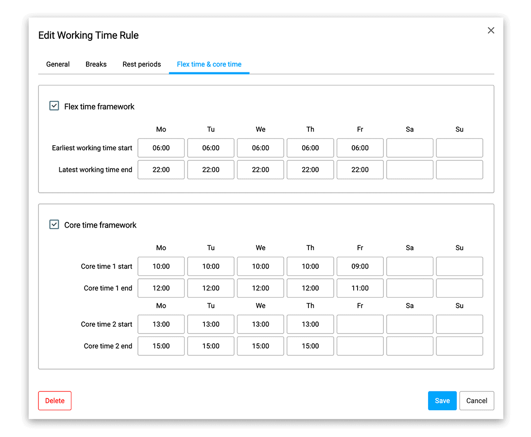 configuration flex and core time