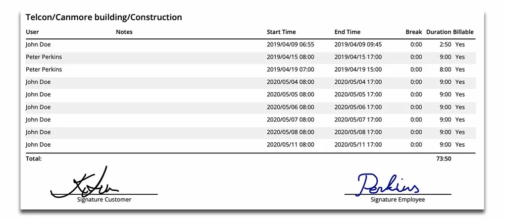 new signature lines on project time reports