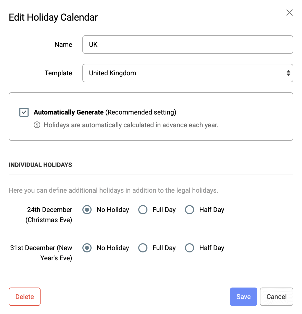 Automatic holiday calendar