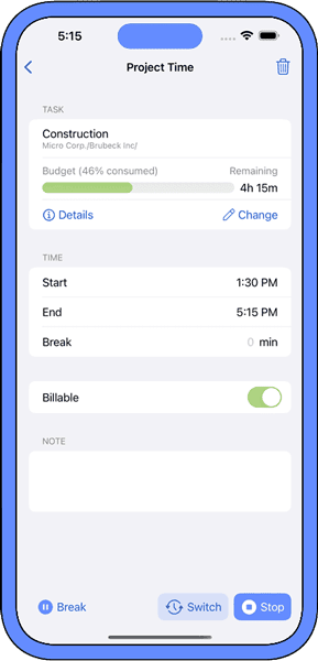 Project time tracking on iOS