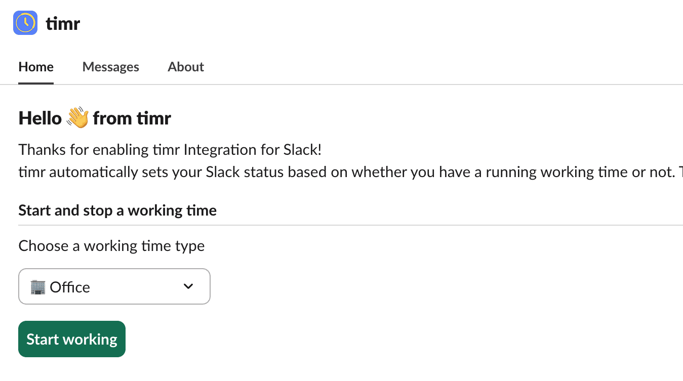 timr Slack Home Tab