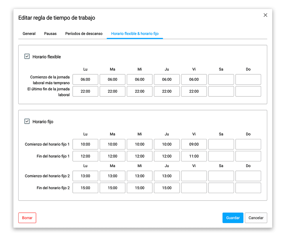 configurar horario flexible y fijo