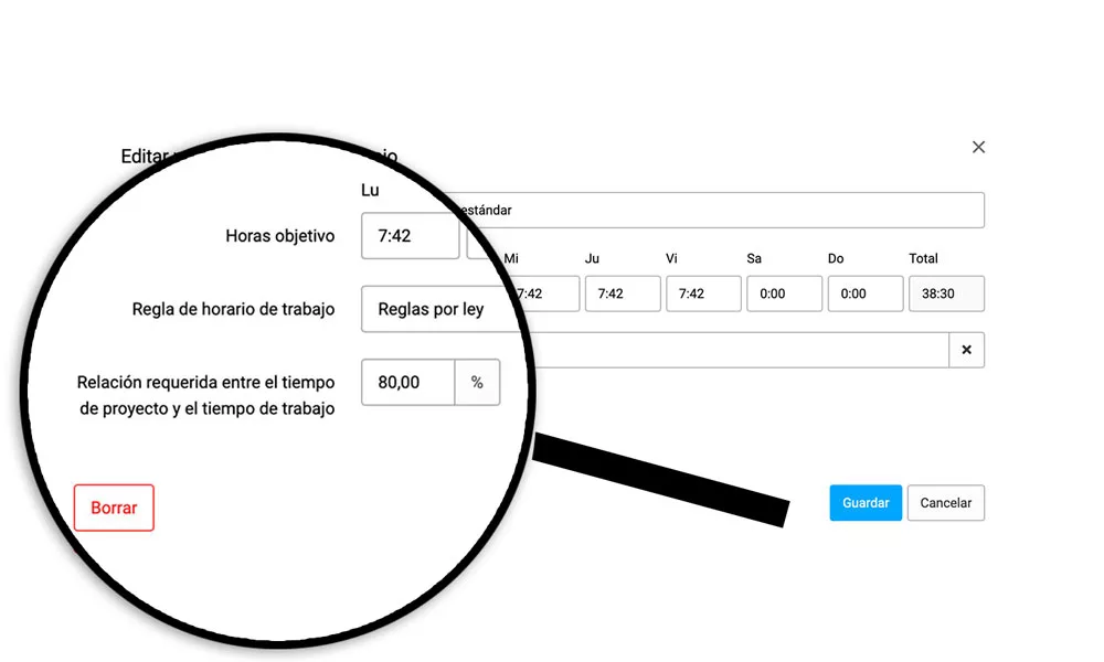 configurar relacion entre tiempo de trabajo y tiempo de proyecto