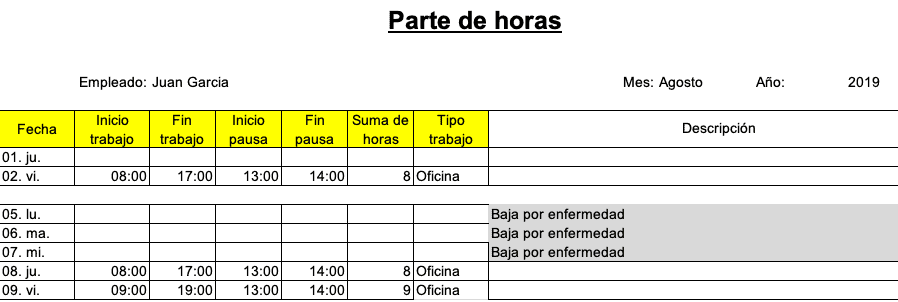 plantilla parte de horas