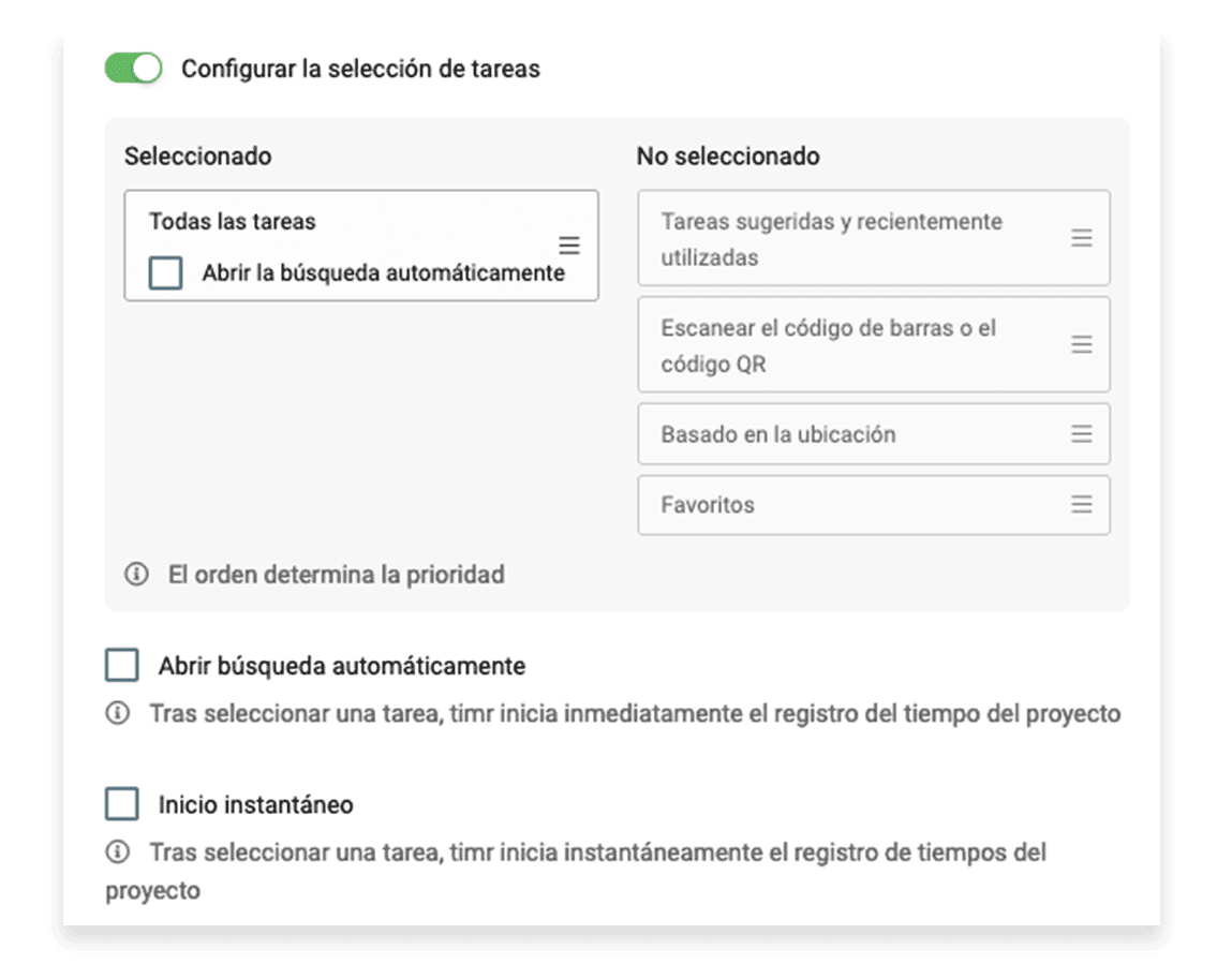 selección de tareas