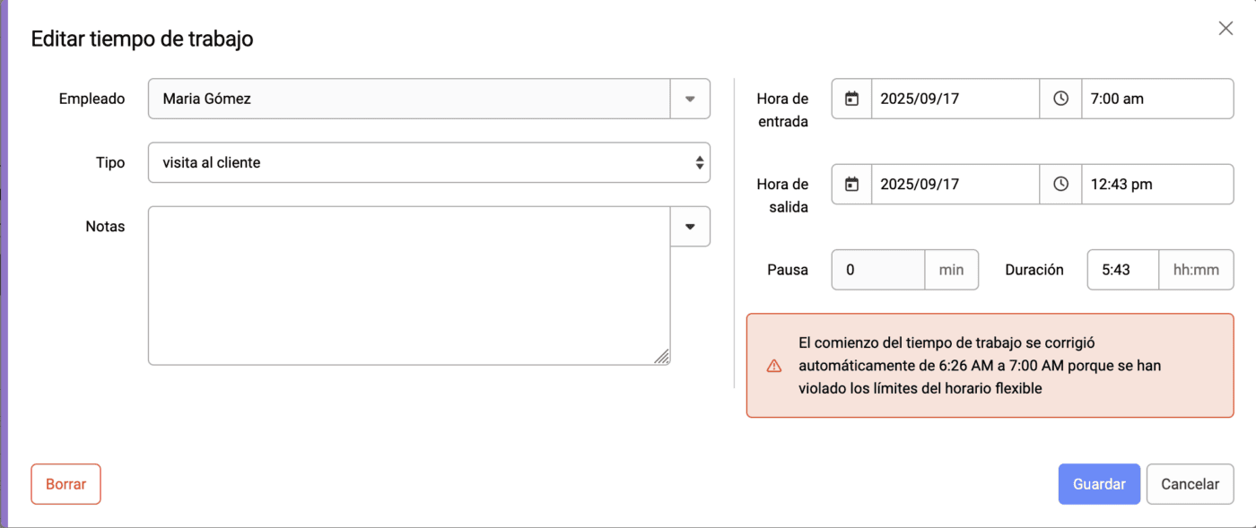 Correción automática - horario flexible