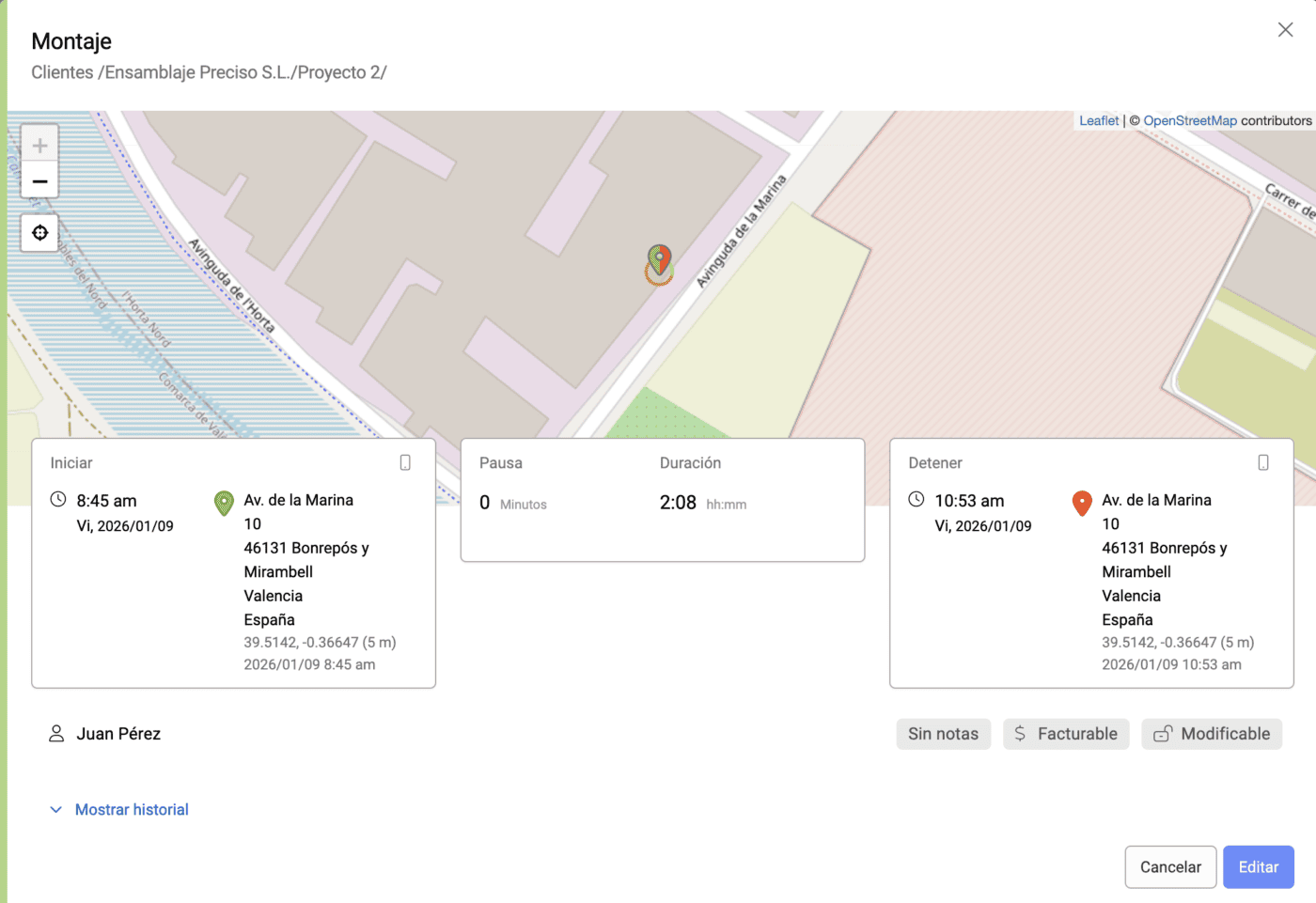 registro con posición GPS