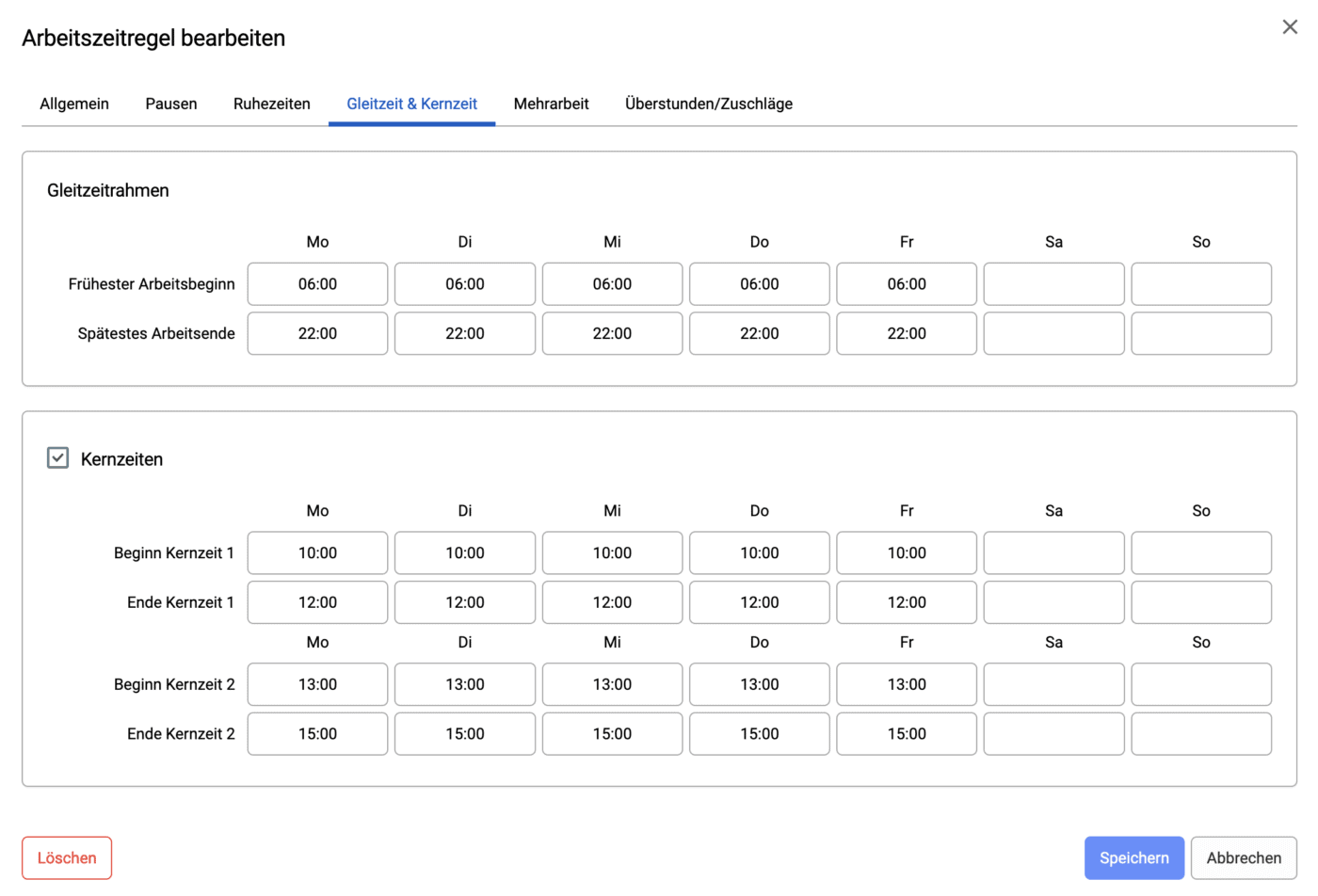 Gleitzeit und Kernzeit festlegen