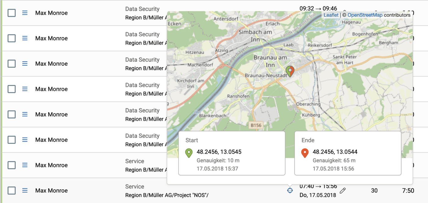 Positionsnachweis bei einem Zeiteintrag