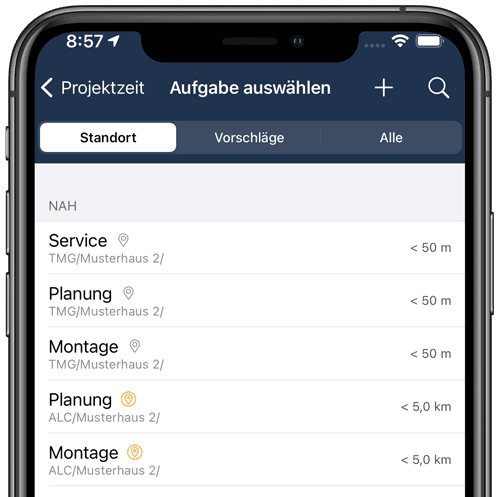 Ortsbasierte Aufgabenauswahl in der App