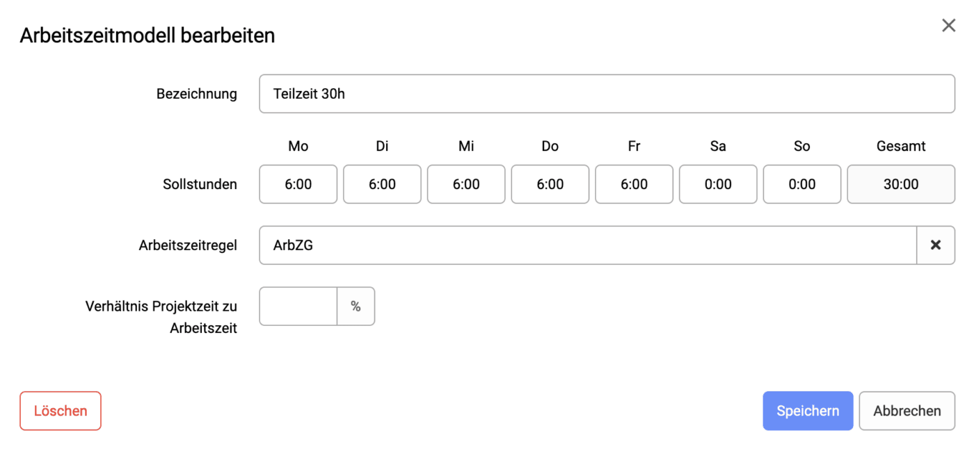 Arbeitszeitmodell hinterlegen