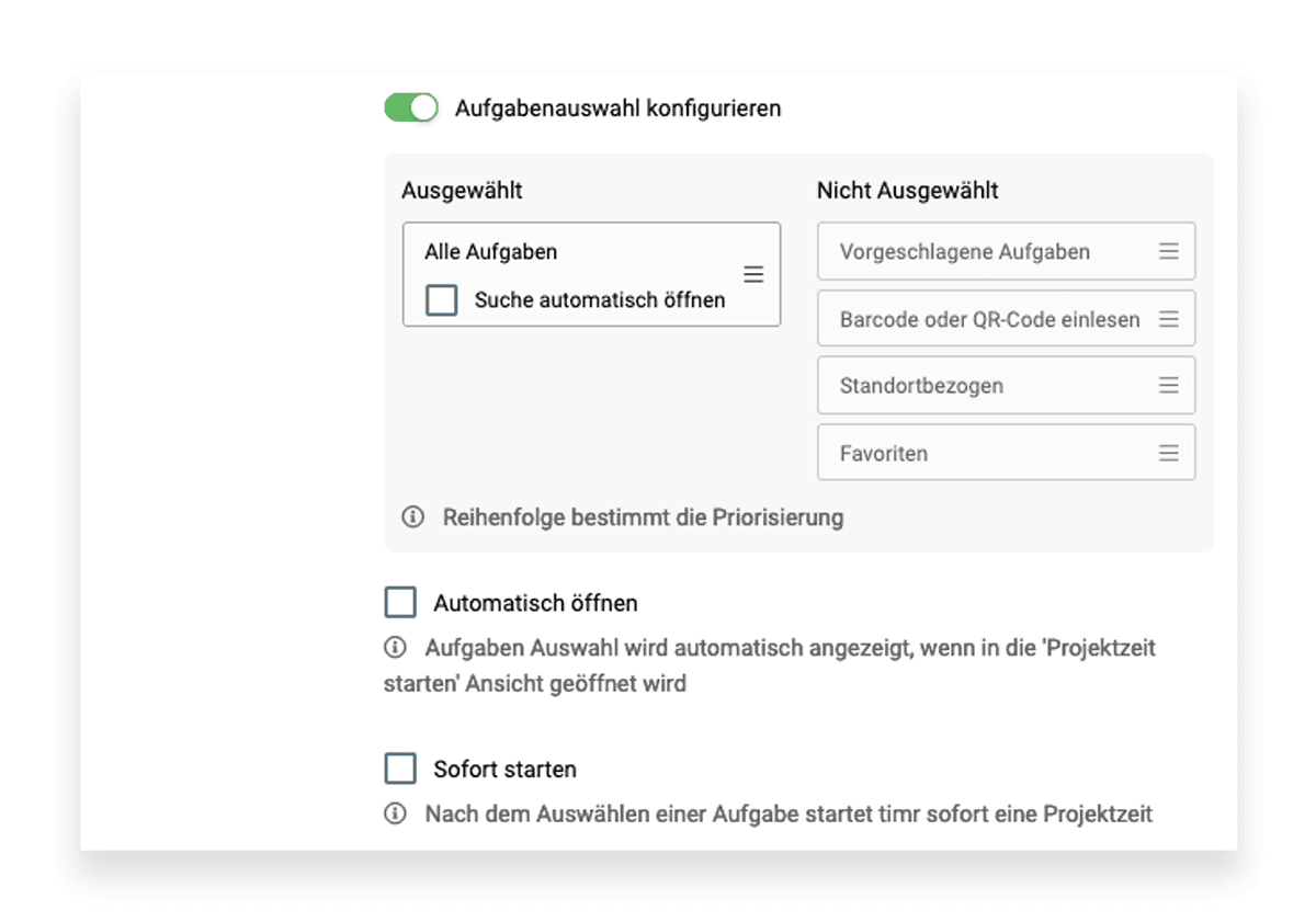 Aufgabenauswahl festlegen