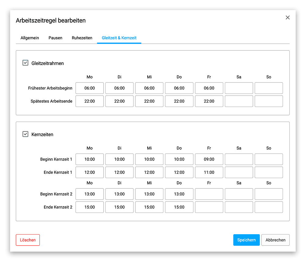 Konfiguration Gleitzeit und Kernzeit
