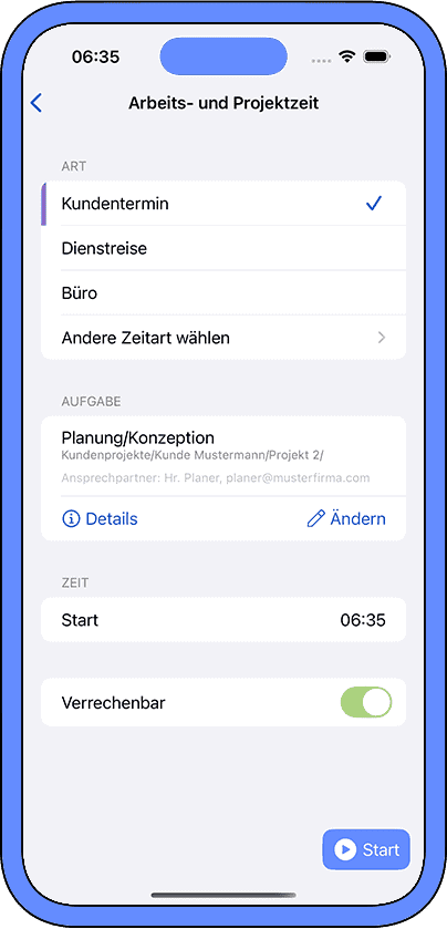 Arbeits- und Auftragszeit in einem Schritt starten