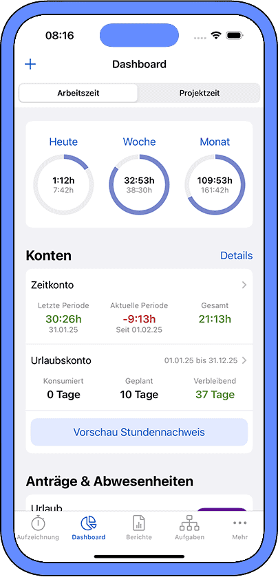 Zeit- und Urlaubskonto am Handy einsehen