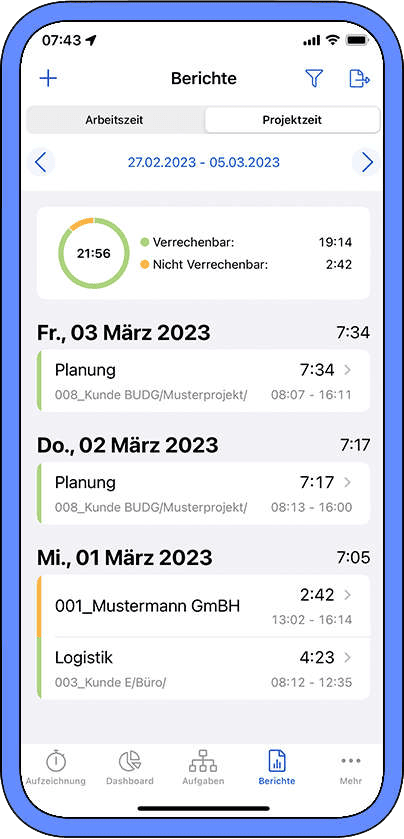 Projektzeitbericht am iPhone