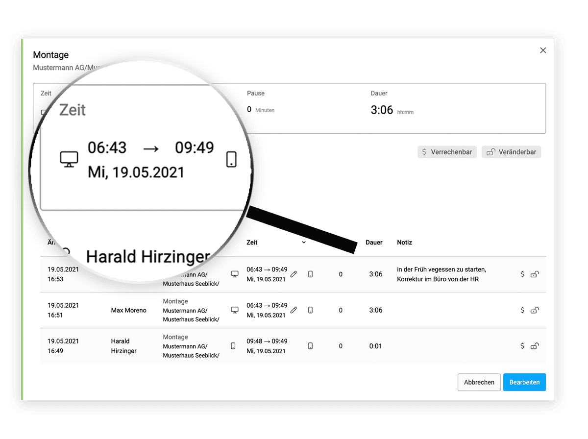 Anzeige der Plattform bei einer Zeitbuchung