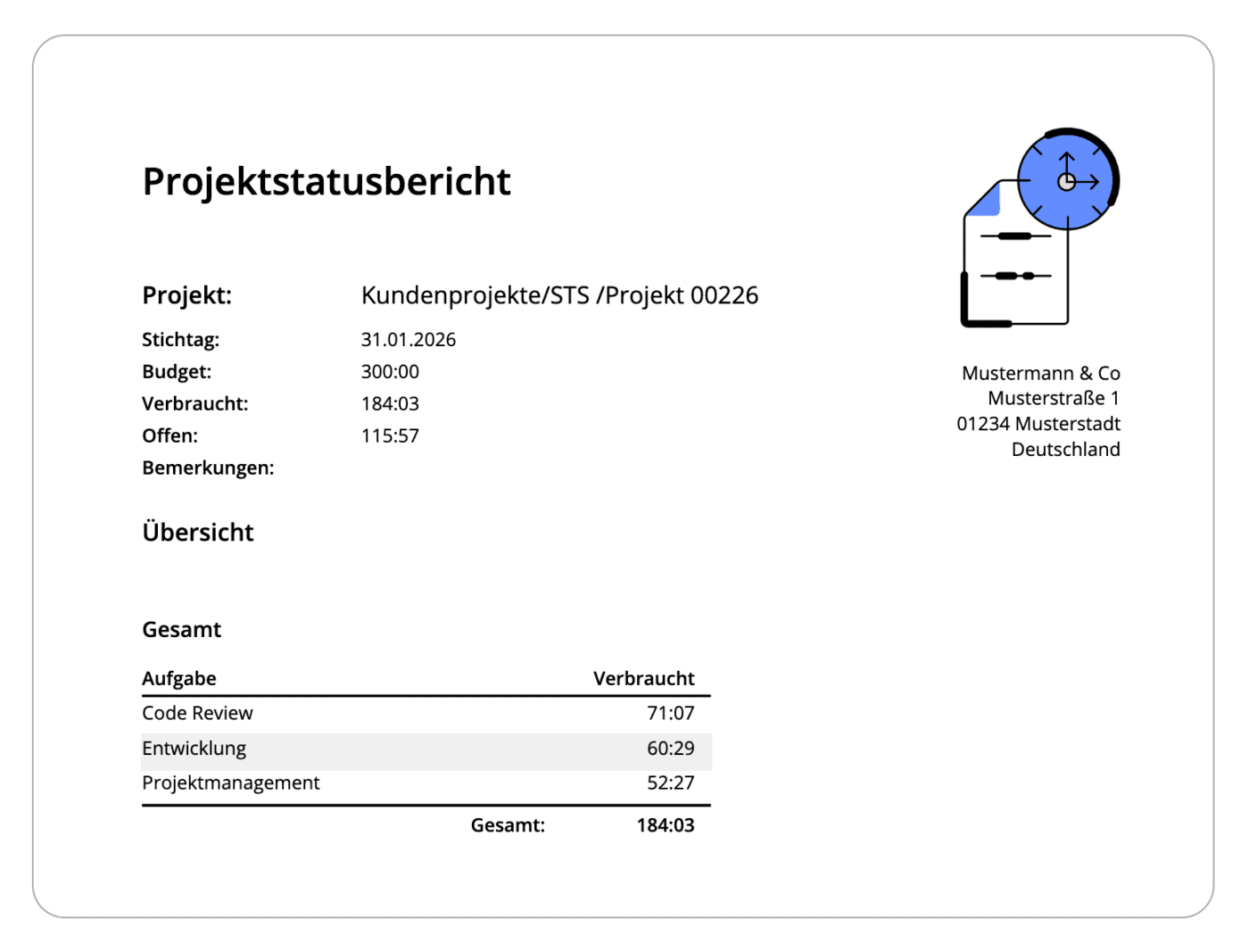 Projektstatusbericht für Timr Zeiterfassung und Projektmanagement.
