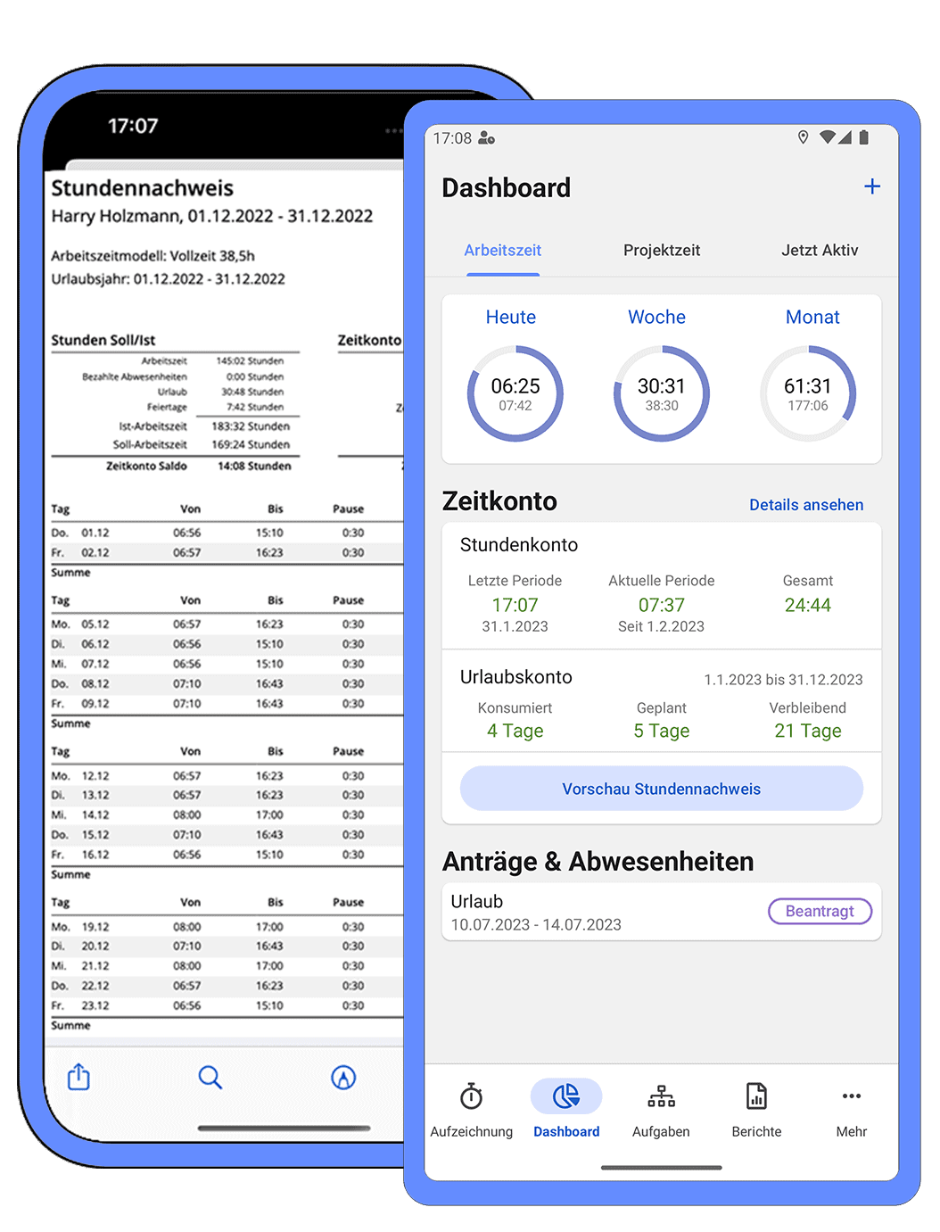 App Dashboard und Stundenzettel