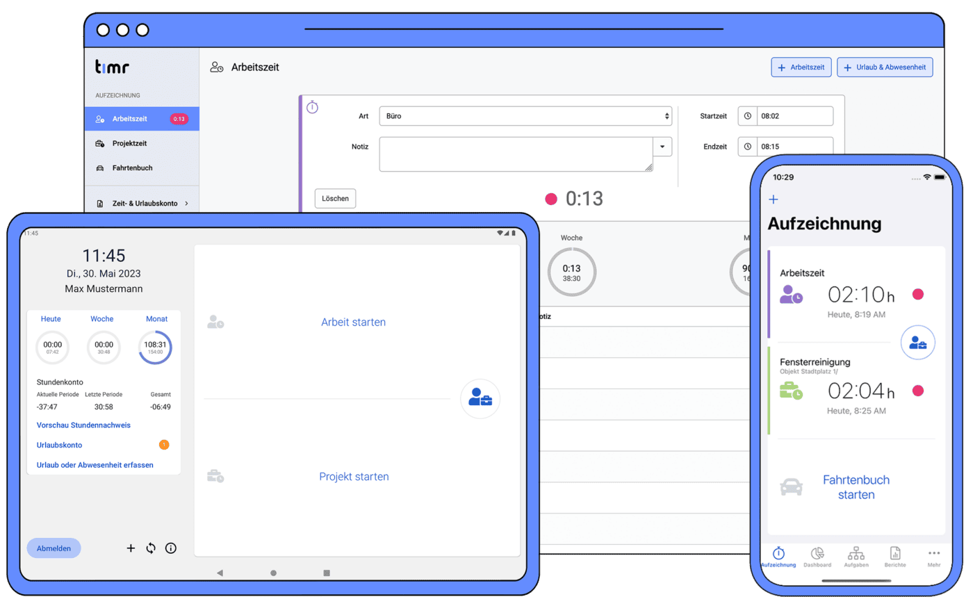 Zeiterfassung im Büro und beim Objekt mit Web, App und Terminal