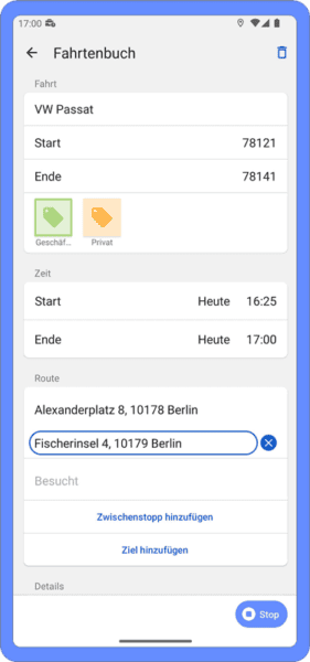 Fahrtenbuch in der App