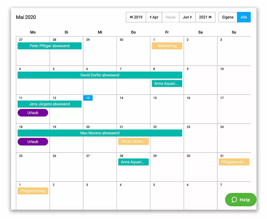 timr Abwesenheitskalender für Mitarbeiter