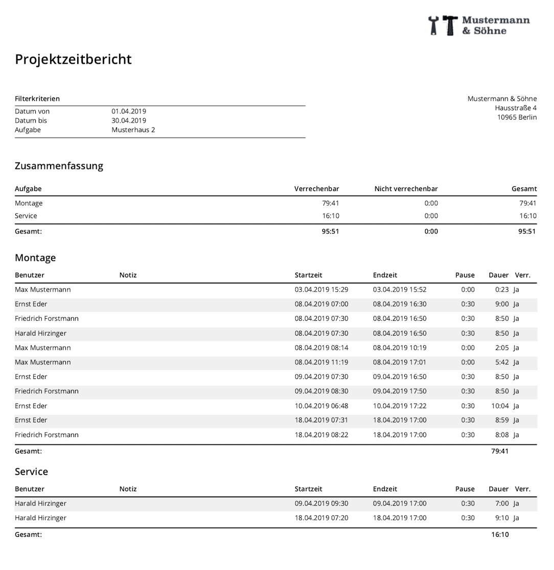 timr projektzeitbericht