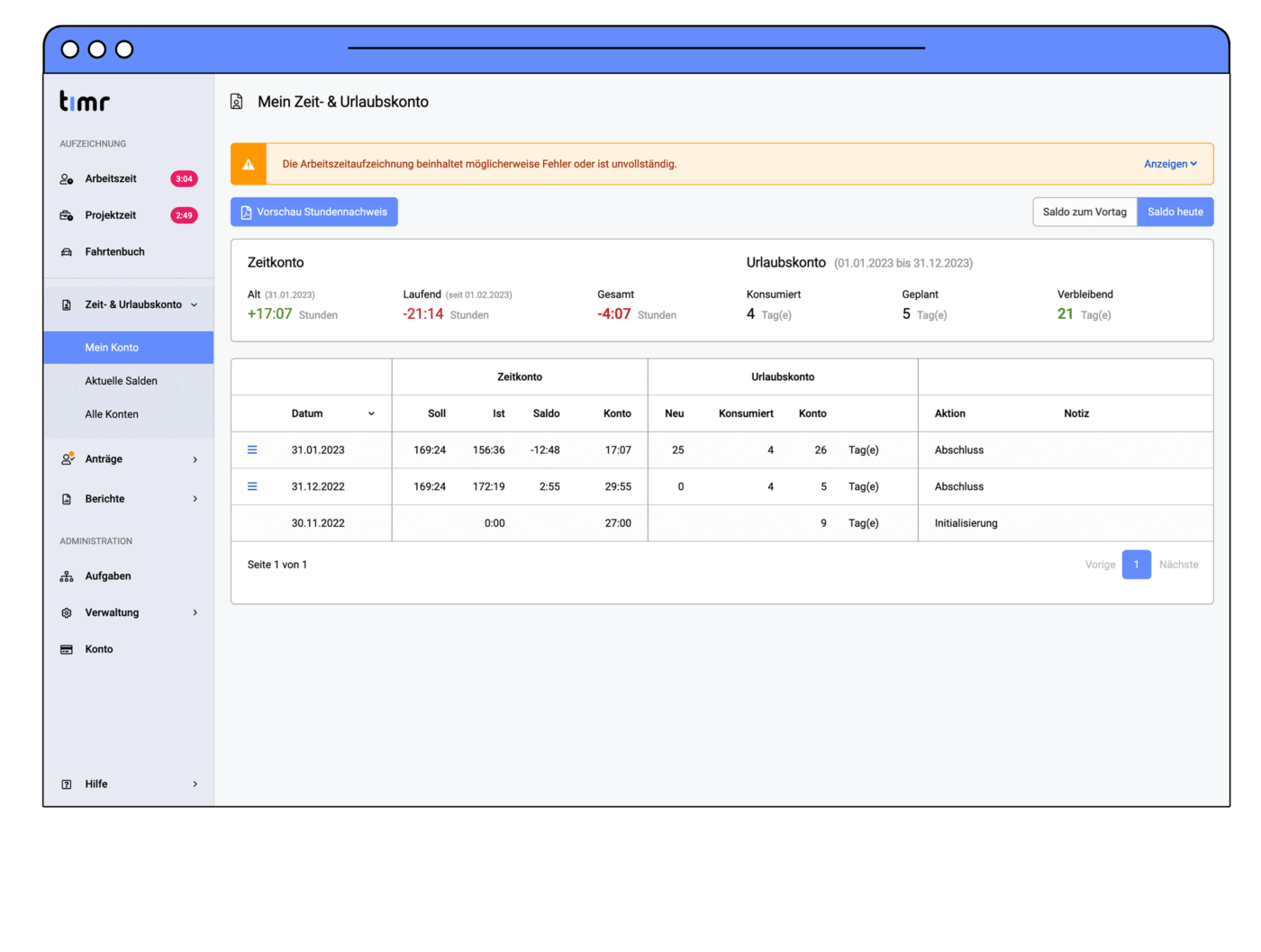 timr Zeitkonto mit automatischen Hinweisen