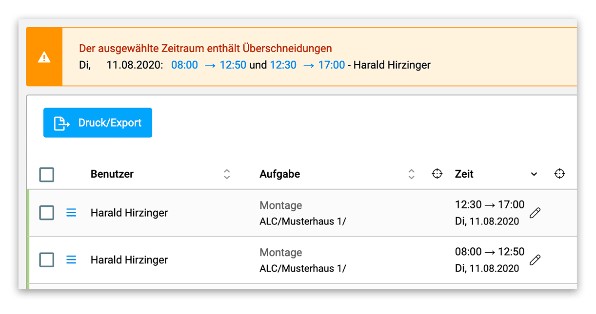 Hinweis zu Überschneidungen bei der Projektzeit