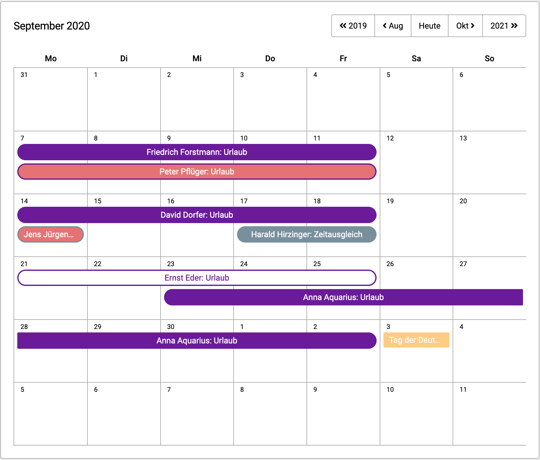 Kalenderansicht Urlaube und Abwesenheiten