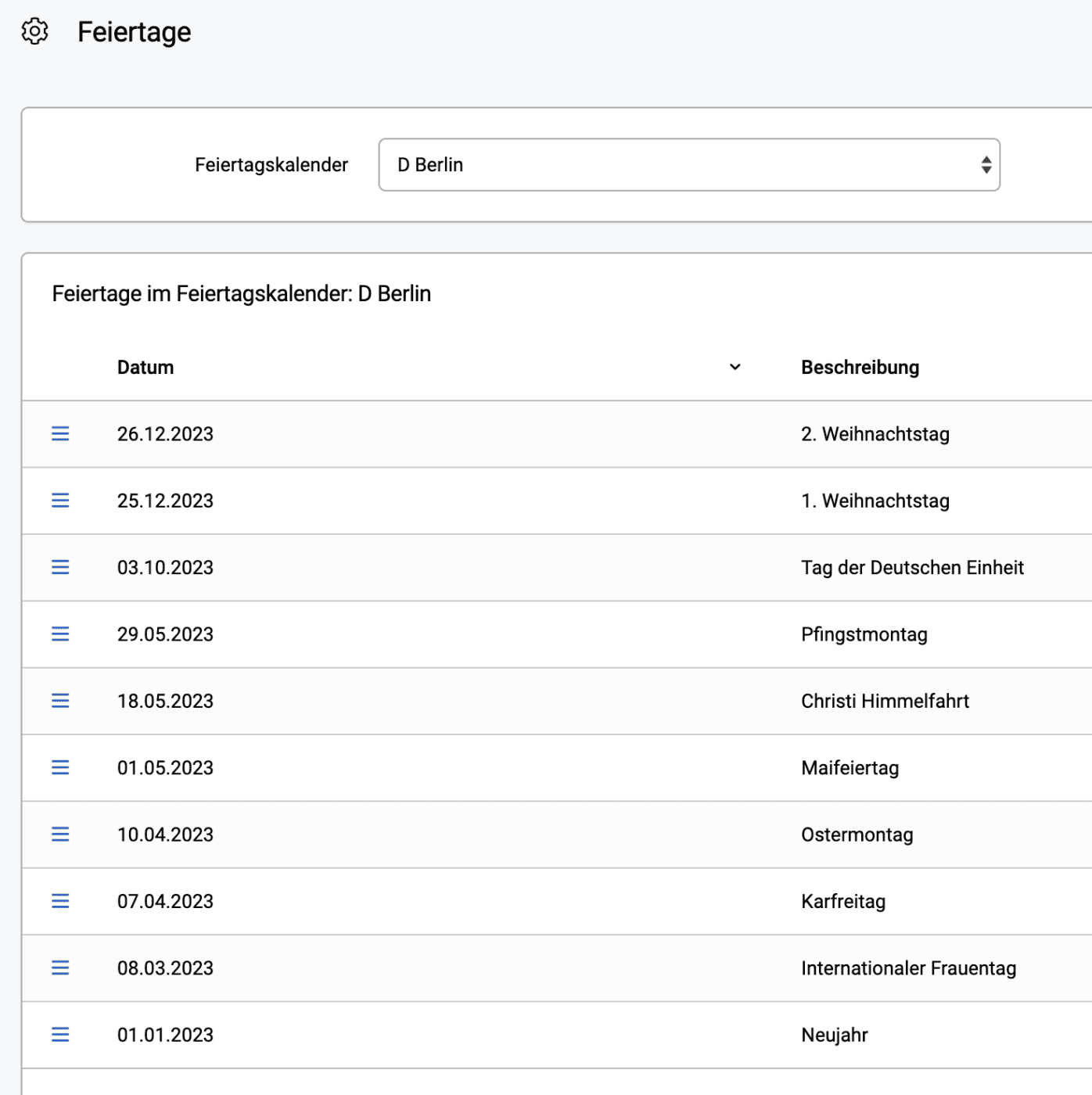 Verwaltung Feiertagskalender