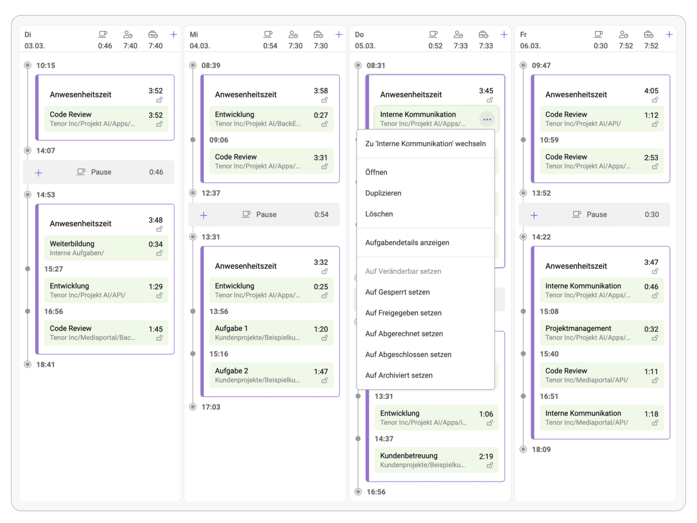 Wochenverlaufs-Ansicht unter Start/Stopp Timer