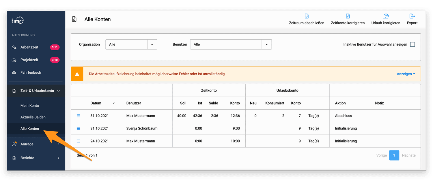 Zeitkonto - Alle Konten