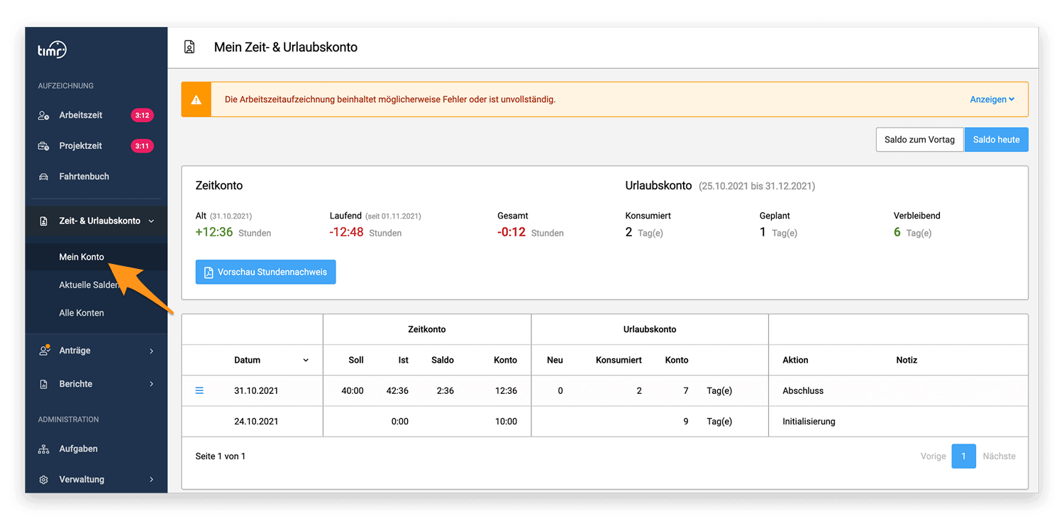 Zeitkonto - Mein Konto